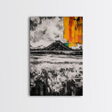 Volcano Landscape, Abstract Nature Art, Bold Modern Painting, Framed Canvas Print, Monochrome Mountains, Adventure Wall Decor