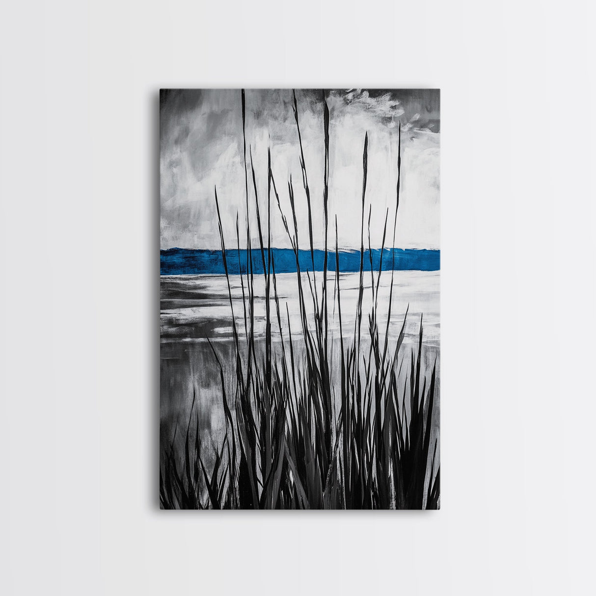 Tall Grass, Serene Lake View, Minimalist Coastal Art, Black White Landscape, Contemporary Home Decor, Canvas Print