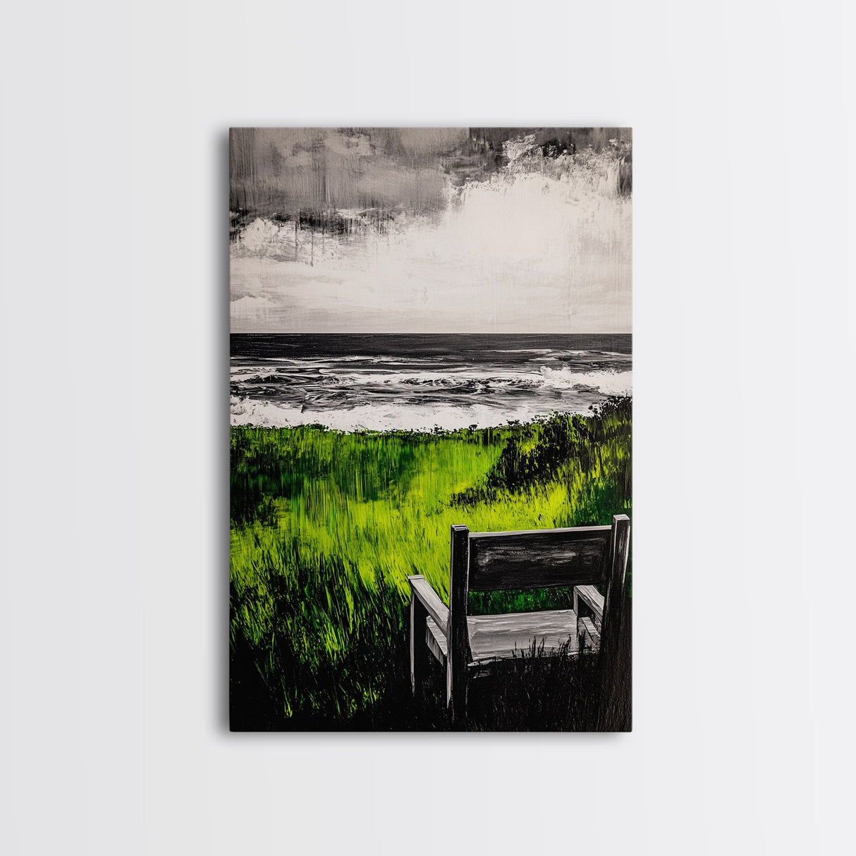 Beach View, Green Grass Landscape, Peaceful Coastal Decor, Seaside Retreat Art, Contemporary Wall Art, Framed Canvas Print
