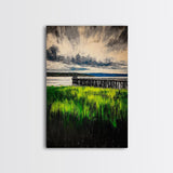 Lakeside Pier, Landscape Painting, Framed Canvas Print, Nature Wall Art, Blue Sky Art, Serene Lake View, Living Room Decor