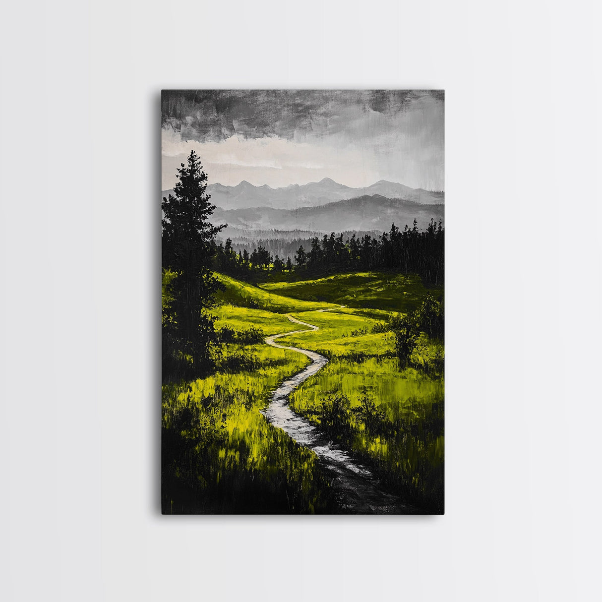 Winding Path, Mountain Meadow, Nature Landscape, Rustic Wall Art, Framed Canvas Print, Farmhouse Decor, Green Hills, Relaxing Art