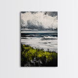 Ocean Waves, Storm Clouds, Coastal Drama, Seascape Wall Art, Framed Canvas Print, Modern Home Decor, Blue Gray Tones, Beach Aesthetic