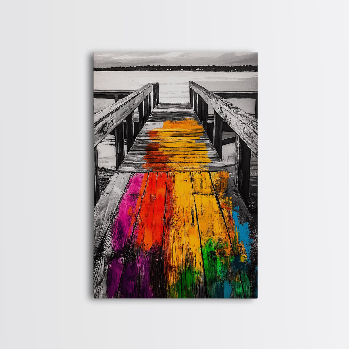 Dock, colorful, abstract, ocean, Canvas Print, nautical decor, coastal art, living room wall art, rustic boho painting, beach house wall art