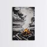 Bonfire on Beach, Coastal Sunset, Framed Canvas Print, Fall Wall Art, Warm Glow Art, Ocean Inspired Decor, Rustic Firelight, Home Accent