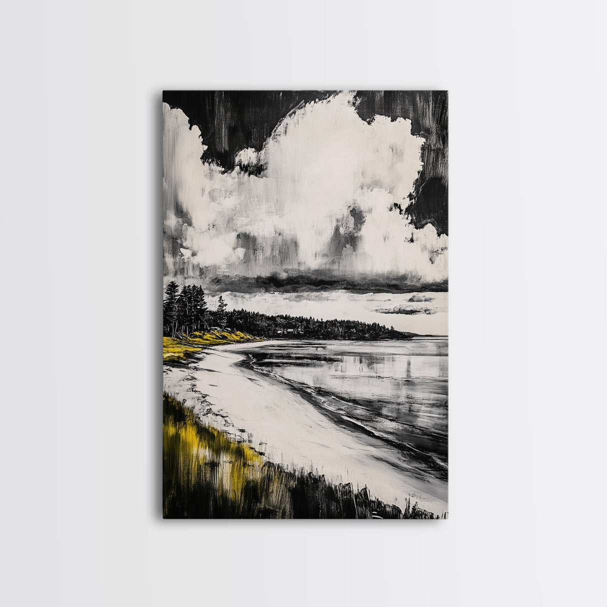 Tranquil Shoreline, Coastal Landscape, Framed Canvas Print, Beach House Wall Art, Ocean View, Minimalist Seascape, Living Room Accent