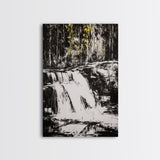 Waterfall Scene, Black and White Art, Forest Wall Decor, Cabin Aesthetic, Adventure Landscape Print, Wilderness Gift, Canvas Print