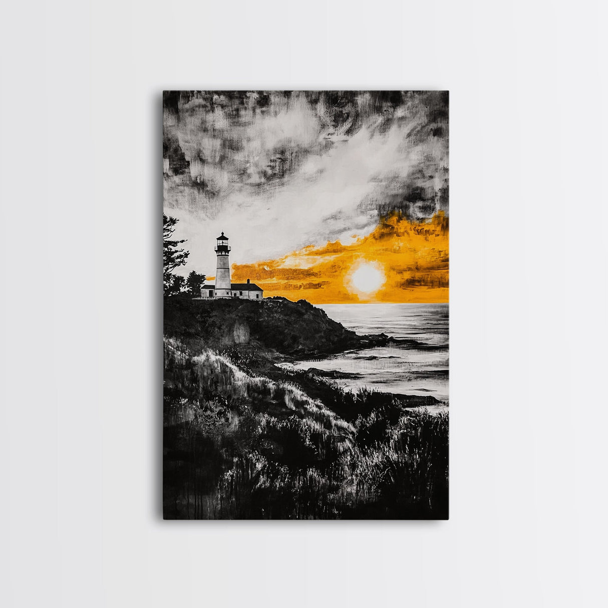 Lighthouse Sunset, Nautical Wall Art, Coastal Painting, Canvas Print, Orange and Black Artwork, Ocean Home Decor, Beach House Design