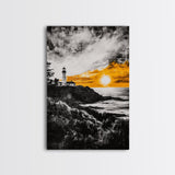 Lighthouse Sunset, Nautical Wall Art, Coastal Painting, Canvas Print, Orange and Black Artwork, Ocean Home Decor, Beach House Design
