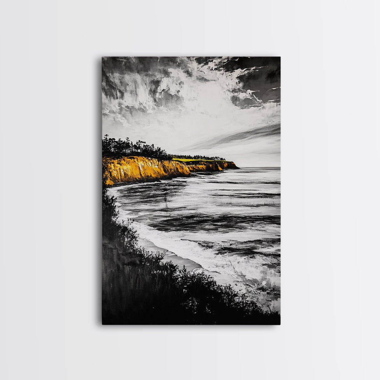 Golden Cliffs, Ocean Landscape, Beach House Wall Art, Canvas Print, Coastal Scene, Black and White Painting, Sunset Inspired Decor