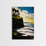 Dramatic Seascape, Cliffside View, Blue and Yellow Art, Canvas Print, Coastal Wall Decor, Beach House Artwork, Contemporary Style