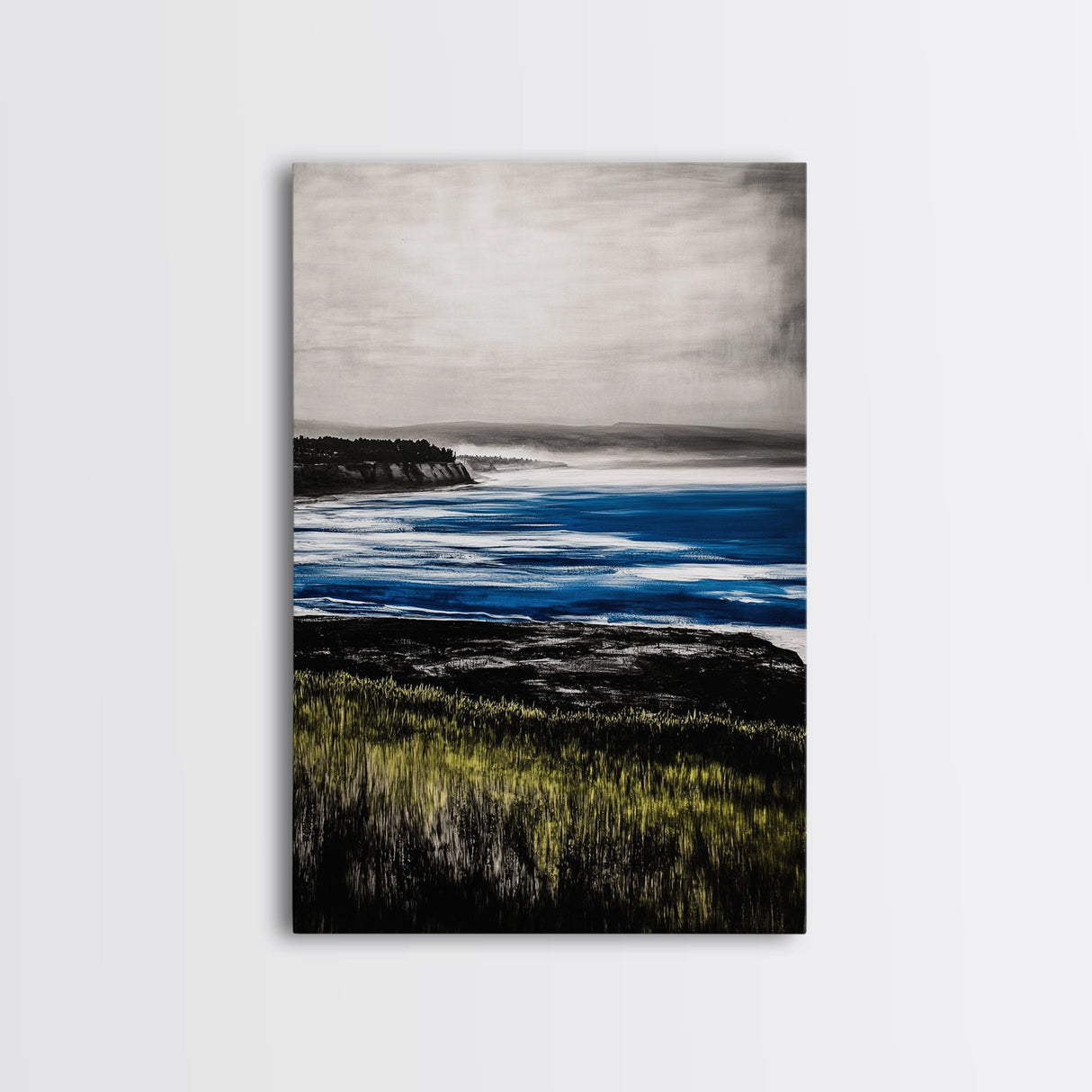 Misty Coast, Cliffside View, Ocean Horizon, Framed Canvas Print, Coastal Home Decor, Nautical Painting, Minimalist Wall Art
