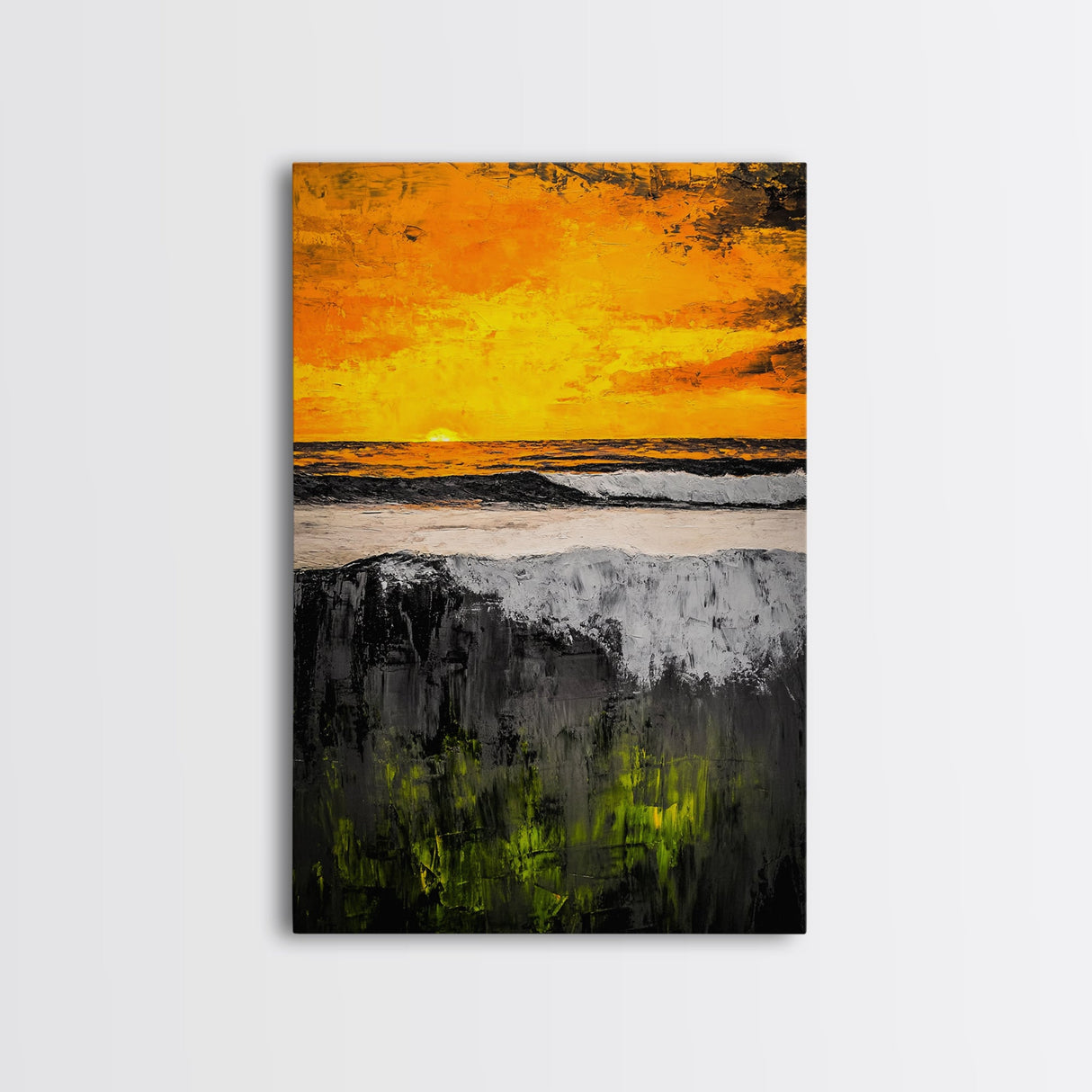 Fiery Sunset, Ocean Waves, Golden Sky, Framed Canvas Print, Tropical Beach Art, Coastal Decor, Living Room Wall Art, Bold Colors