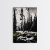 Forest Landscape Print, Black and White Tree Art, Cabin Wall Decor, Nature Inspired Art, Minimalist Scene, Framed Canvas Print