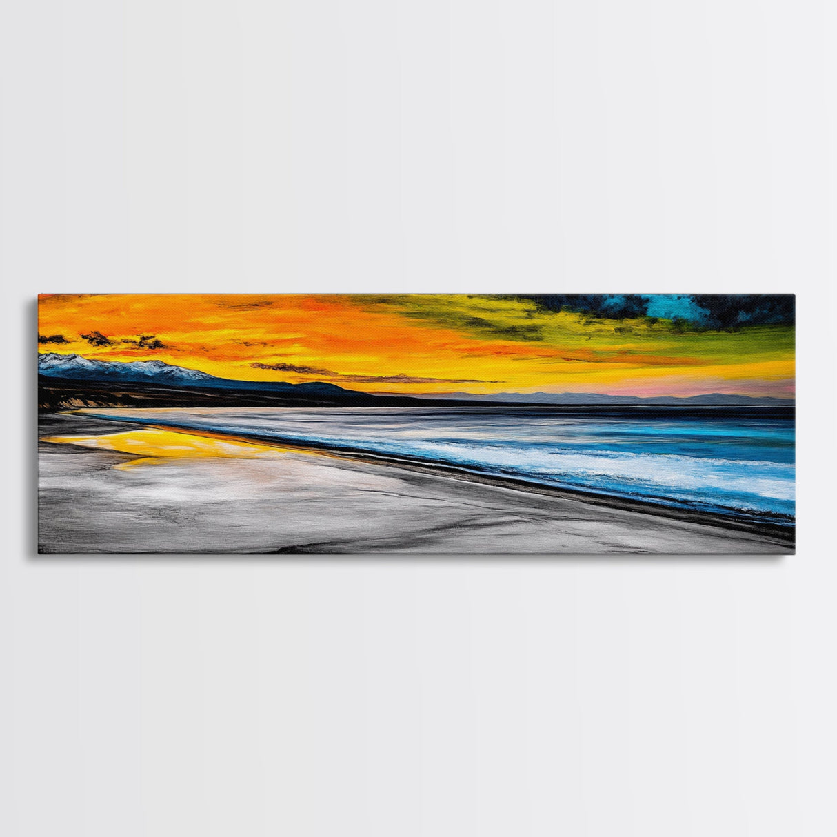 Dramatic Beach Sunset, Golden Coastal Painting, Moody Ocean Wall Art, Vibrant Seascape Print, Tropical Home Decor, Framed Canvas Print
