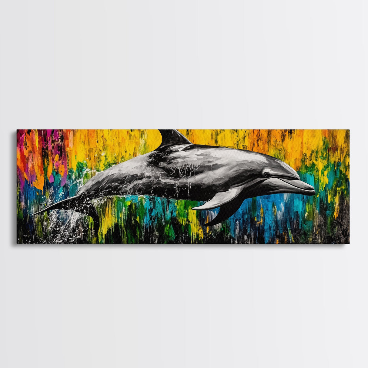 Dolphin Splash, Ocean Wildlife, Framed Canvas Print, Colorful Wall Art, Beach House Decor, Living Room Art, Vibrant Sea Life Painting