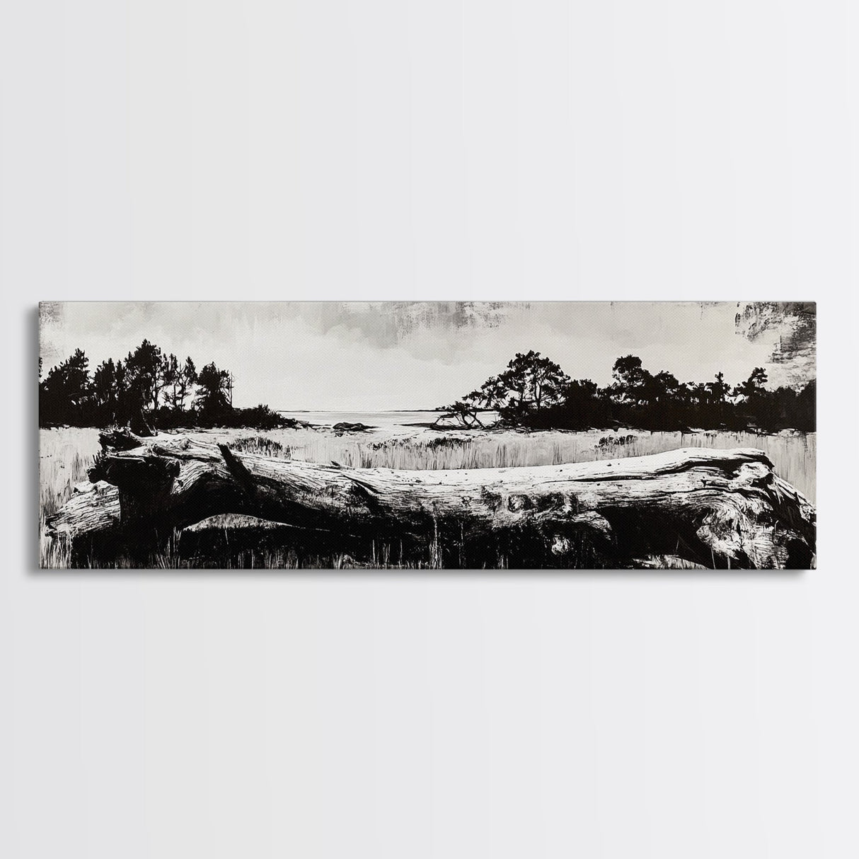 Driftwood Beach, Coastal Landscape, Framed Canvas Print, Black and White Wall Art, Nature Photography Style, Serene Home Decor, Bedroom Art