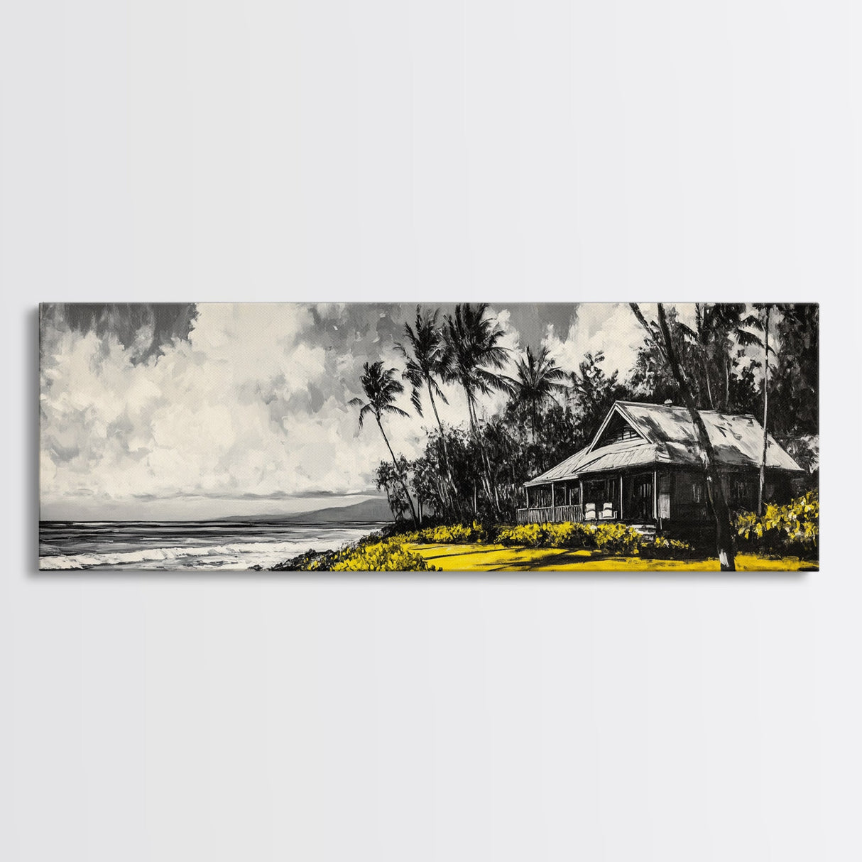 Tropical Beach House, Coastal Landscape Painting, Black and White Palm Tree Print, Island Wall Decor, Relaxing Canvas Print, Framed Canvas Print