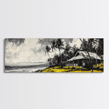 Tropical Beach House, Coastal Landscape Painting, Black and White Palm Tree Print, Island Wall Decor, Relaxing Canvas Print, Framed Canvas Print