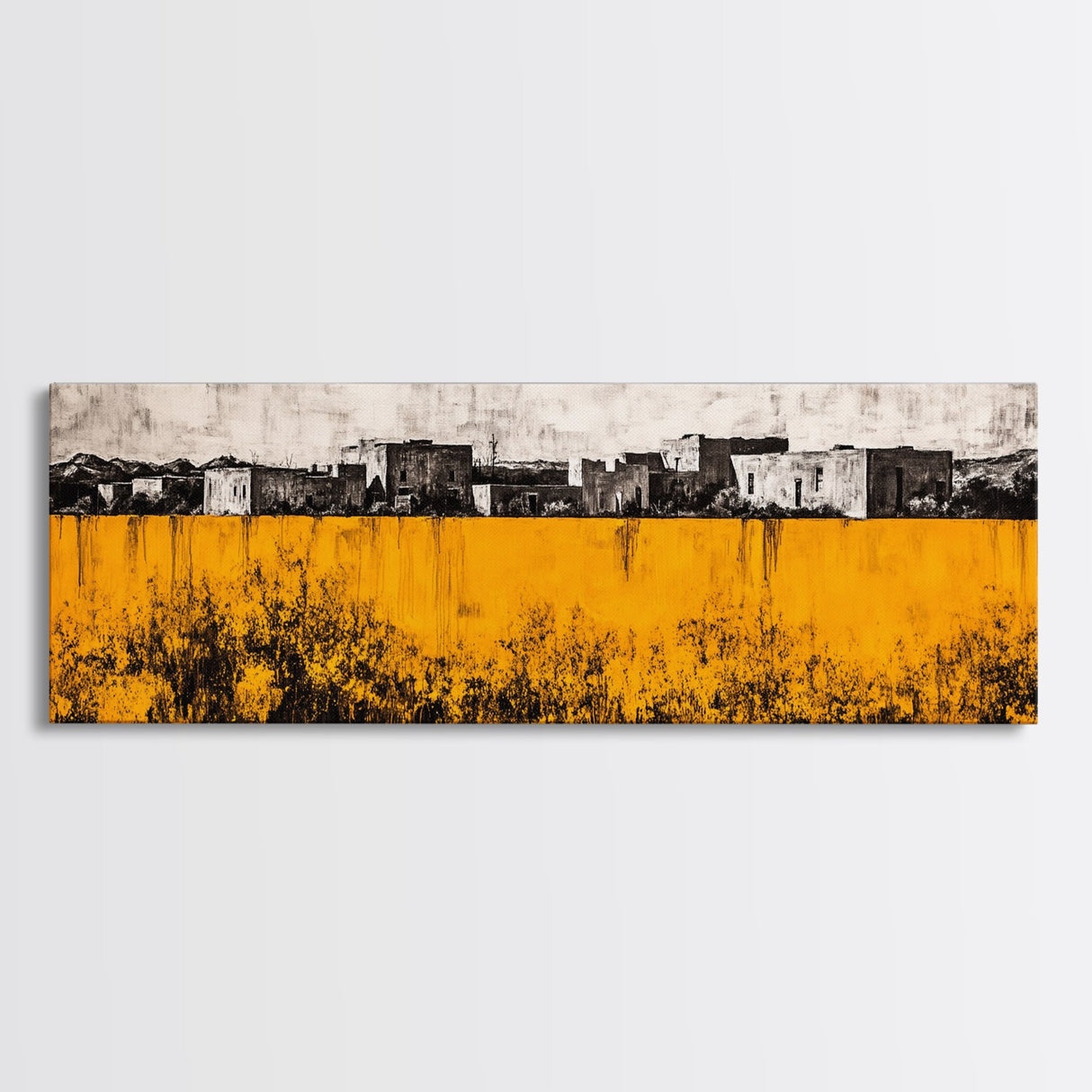 Desert Village, Southwestern Art, Yellow Landscape, Canvas Print, Rustic Wall Decor, Living Room Wall Art, Modern Abstract, Boho Aesthetic