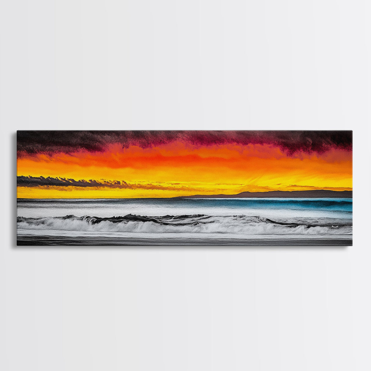 Fiery Sunset, Beach Scene, Ocean Waves, Vibrant Seascape, Framed Canvas Print, Living Room Art, Modern Coastal Wall Art, Beach House Decor