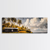 Secluded Beach Cabin, Tropical Landscape Painting, Oceanfront Bungalow Art, Coastal Wall Decor, Vacation Home Canvas Print, Framed Canvas Print