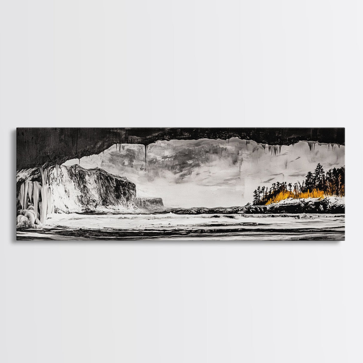 Frozen Cave, Monochrome Landscape, Framed Canvas Print, Winter Wall Art, Dramatic Nature Scene, Home Office Decor, Unique Black and White Art
