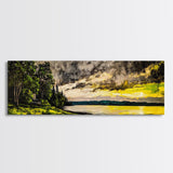 Lakeside Sunset Painting, Cabin Wall Art, Serene Landscape Print, Nature Inspired Home Decor, Golden Tones, Framed Canvas Print