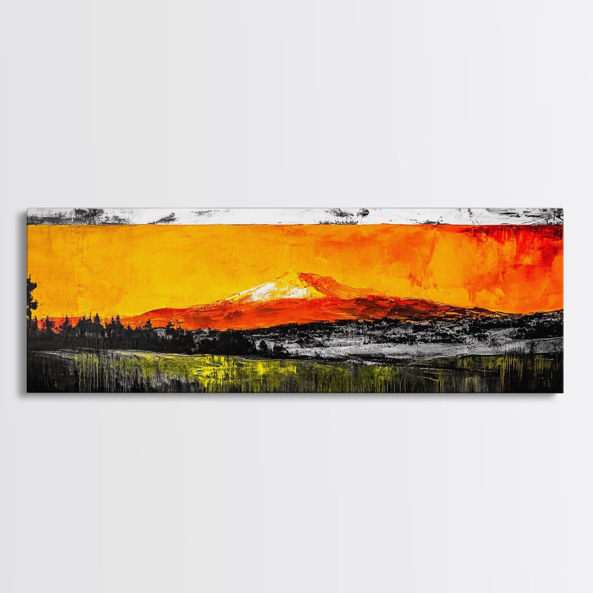 Fiery Peaks, Mountain Sunset, Landscape Painting, Framed Canvas Print, Rustic Home Art, Living Room Decor, Bold Wall Art