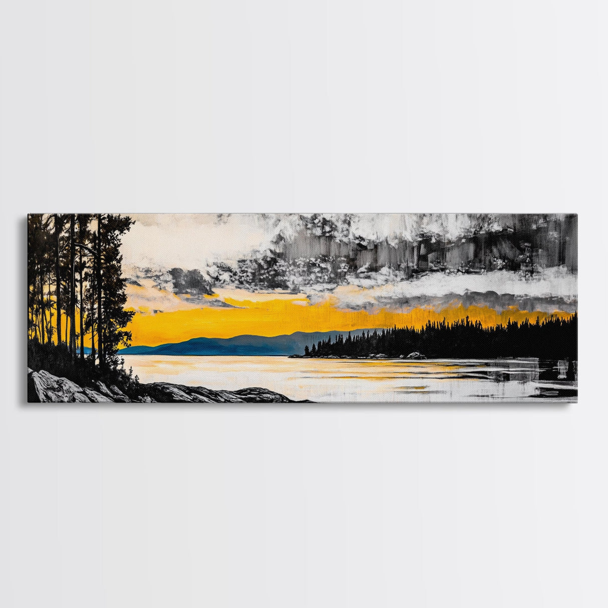 Sunset Reflection, Golden Lake, Nature Art, Framed Canvas Print, Modern Landscape, Large Wall Art, Living Room Decor, Rustic Style