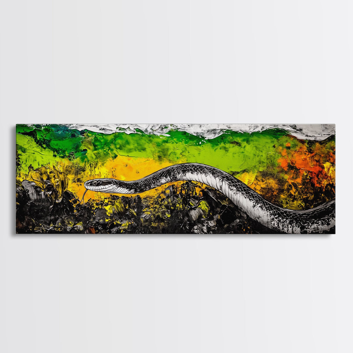 Abstract Snake, Vibrant Reptile Art, Jungle Theme, Wildlife Painting, Green and Yellow, Bold Nature Print, Framed Canvas Print