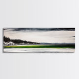Serene Lake, Monochrome Water Art, Minimalist Nature, Dramatic Sky, Green Accent, Modern Home Wall Decor, Framed Canvas Print