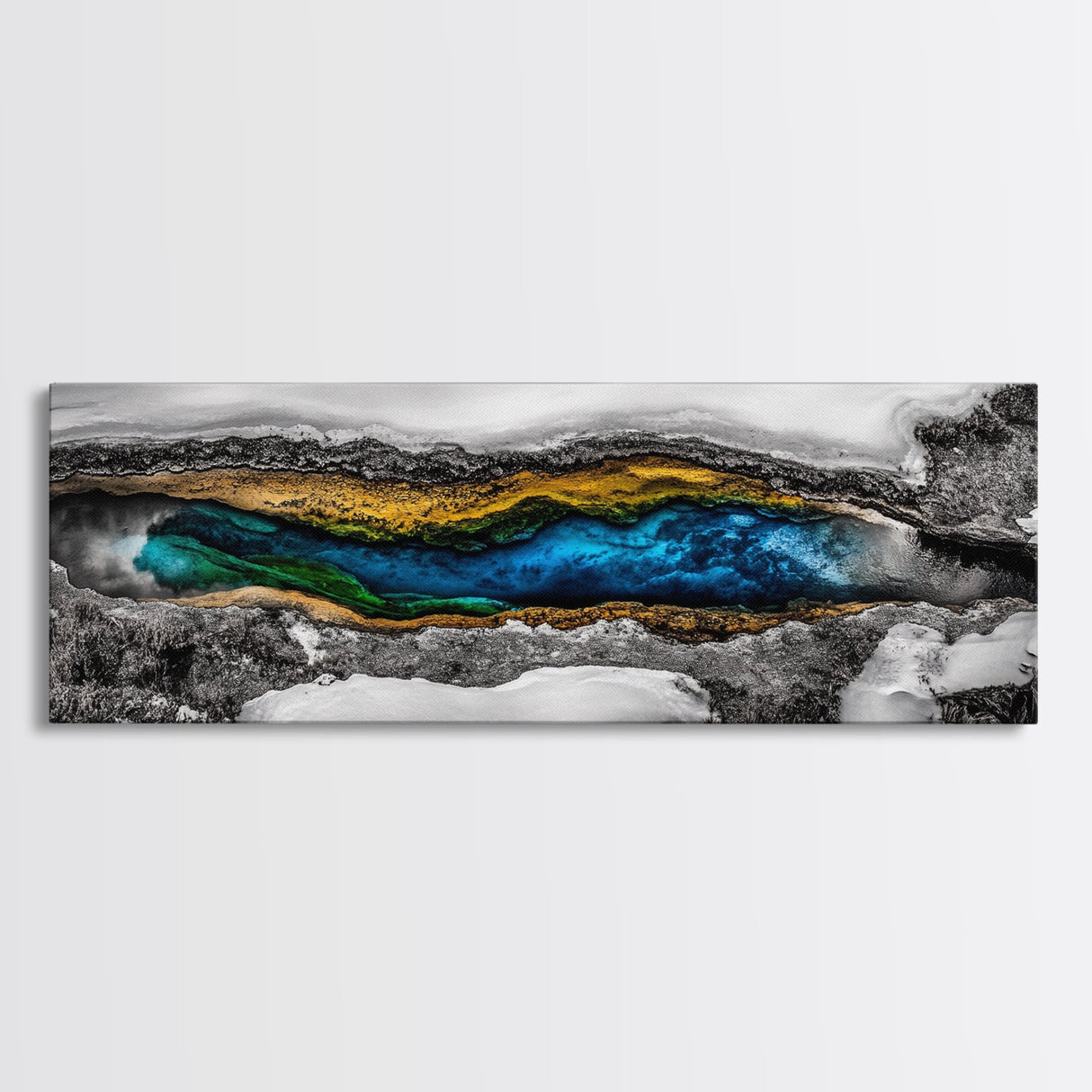 Hot Spring, Geothermal Pool Art, Abstract Nature, Deep Blue and Gold, Black and White Contrast, Unique Wall Decor, Framed Canvas Print