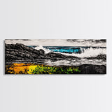 Rocky Shore, Crashing Waves, Black White Blue, Framed Canvas Print, Ocean Wave Painting, Surf Art, Minimalist Coastal Decor
