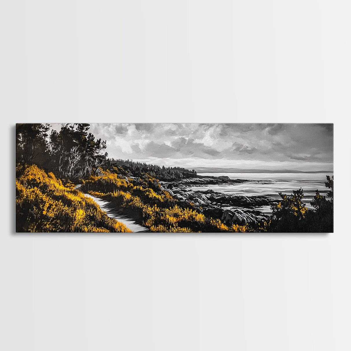 Forest Path, Autumn Vibes, Black White Yellow, Canvas Print, Rustic Landscape Art, Warm Fall Decor, Cozy Home Artwork