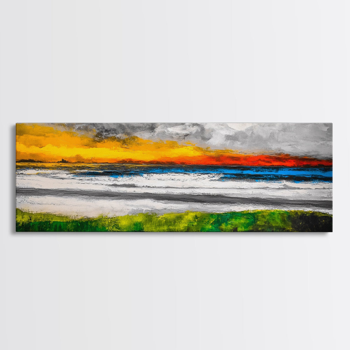 Sunset Beach, Ocean Waves, Abstract Seascape, Framed Canvas Print, Modern Coastal Decor, Living Room Wall Art, Beach House Art