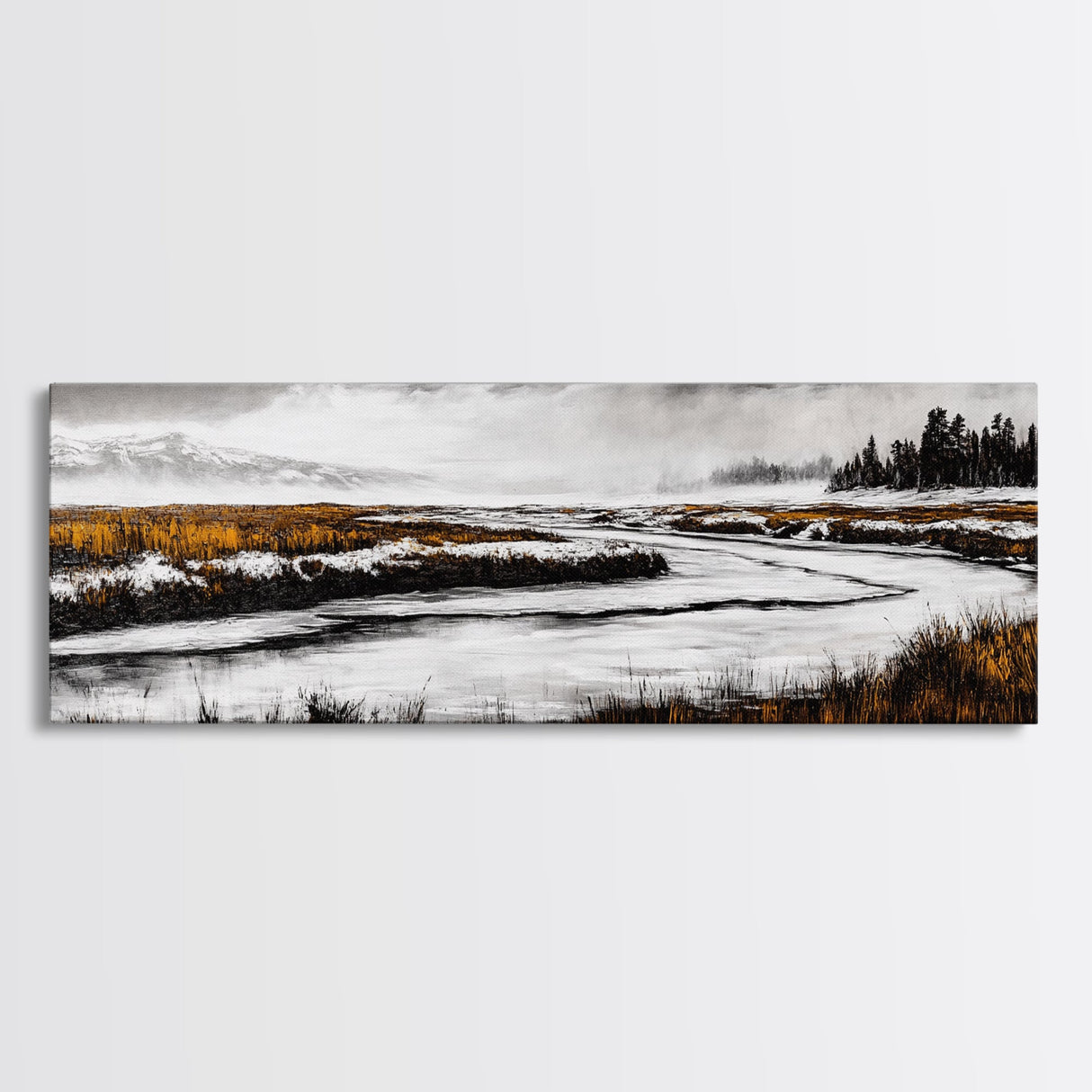 Snowy River Artwork, Mountain Landscape Painting, Rustic Winter Decor, Black and White Wall Art, Nature Print, Living Room Art, Canvas Print