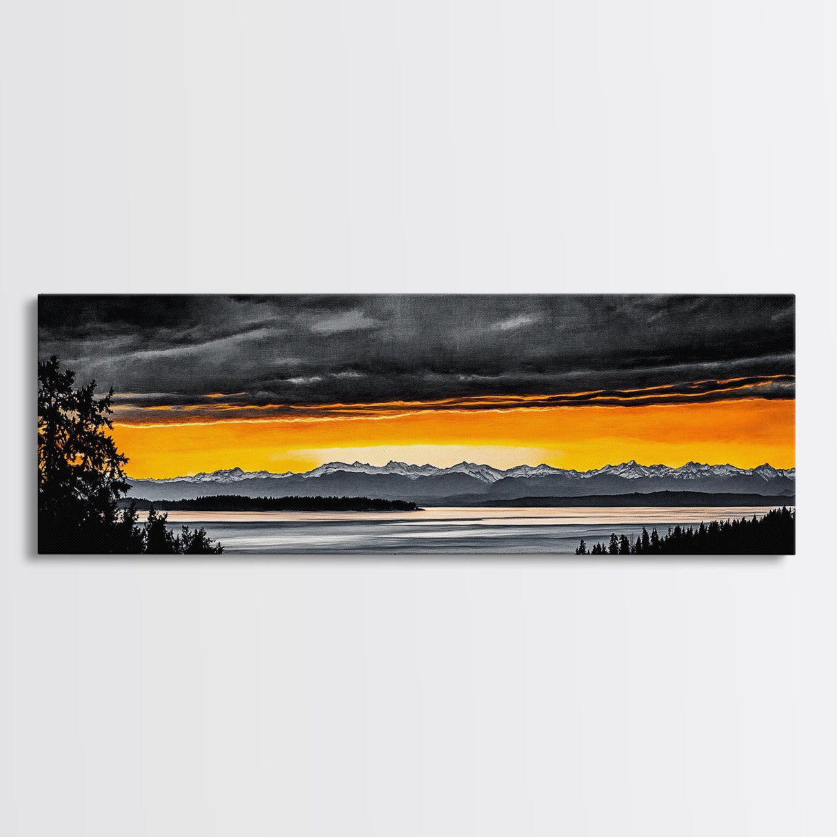 Sunset Over Mountains, Dramatic Landscape Art, Black and Yellow Wall Art, Bold Sky Painting, Nature Print, Office Wall Decor, Framed Canvas Prin