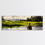 Man, Water, Reflection, Framed Canvas Print, Serene Landscape Art, Tranquil Wall Decor, Nature Inspired Painting, Moody Green Aesthetic