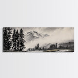 Mountain, Misty Landscape, Black and White, Forest, Framed Canvas Print, Large Wall Art, Minimalist Art, Modern Home Decor, Bedroom Wall Art