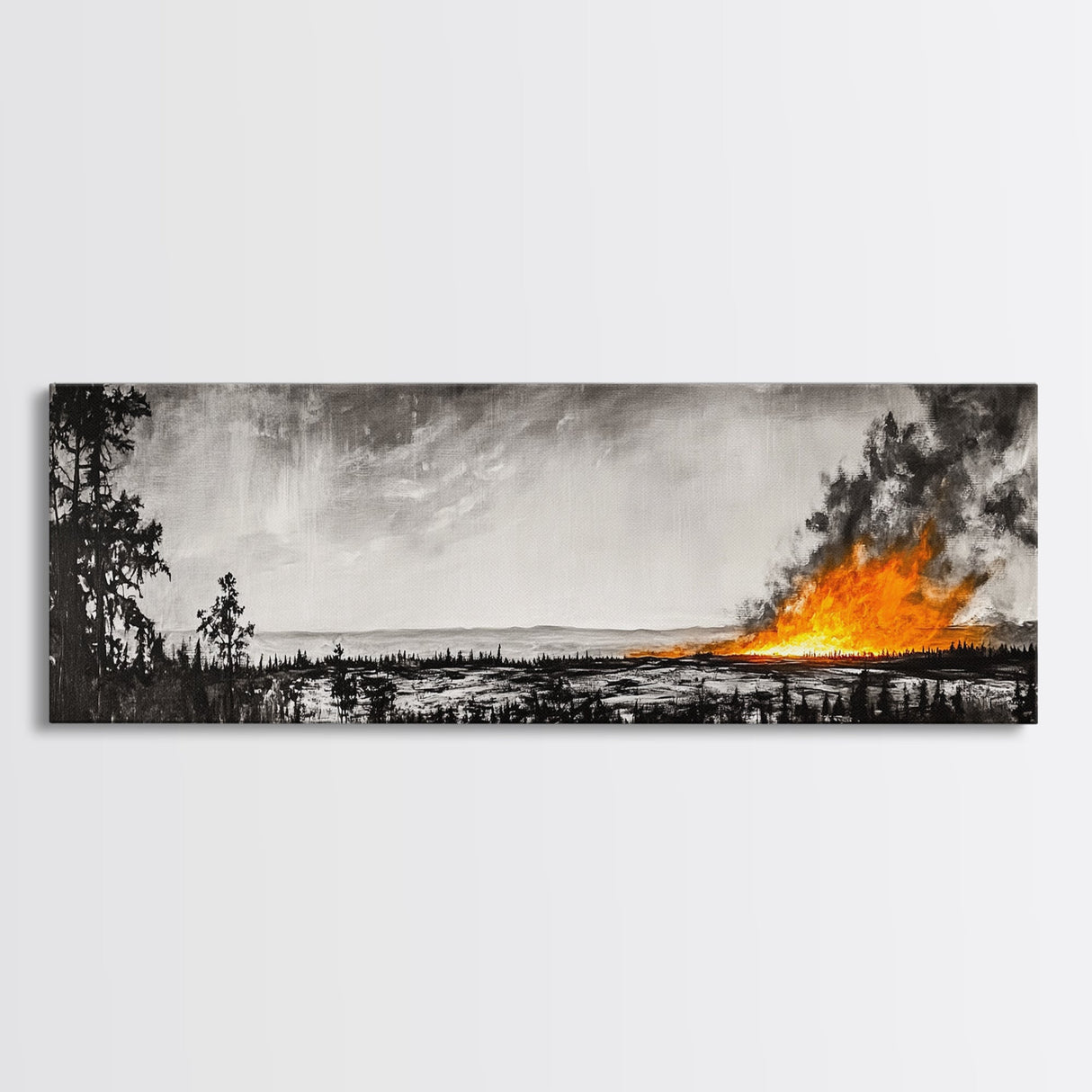 Wildfire Horizon, Dramatic Nature Art, Wilderness Wall Decor, Canvas Print, Black and White Art, Abstract Fire Painting, Rustic Home Art