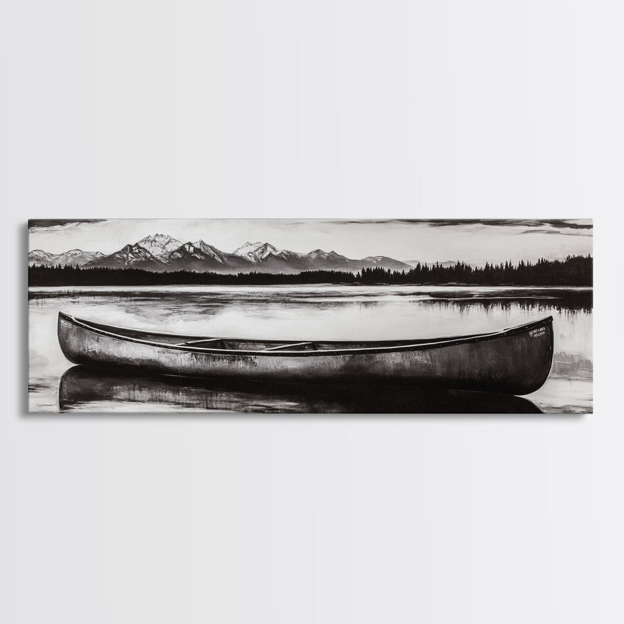 Mountain Reflections, Canoe Art, Wilderness Wall Decor, Canvas Print, Black and White Landscape, Lake House Art, Rustic Cabin Art