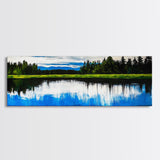 Lake Reflection, Blue Sky, Green Landscape, Framed Canvas Print, Large Wall Art, Nature Painting, Office Decor, Living Room Wall Art