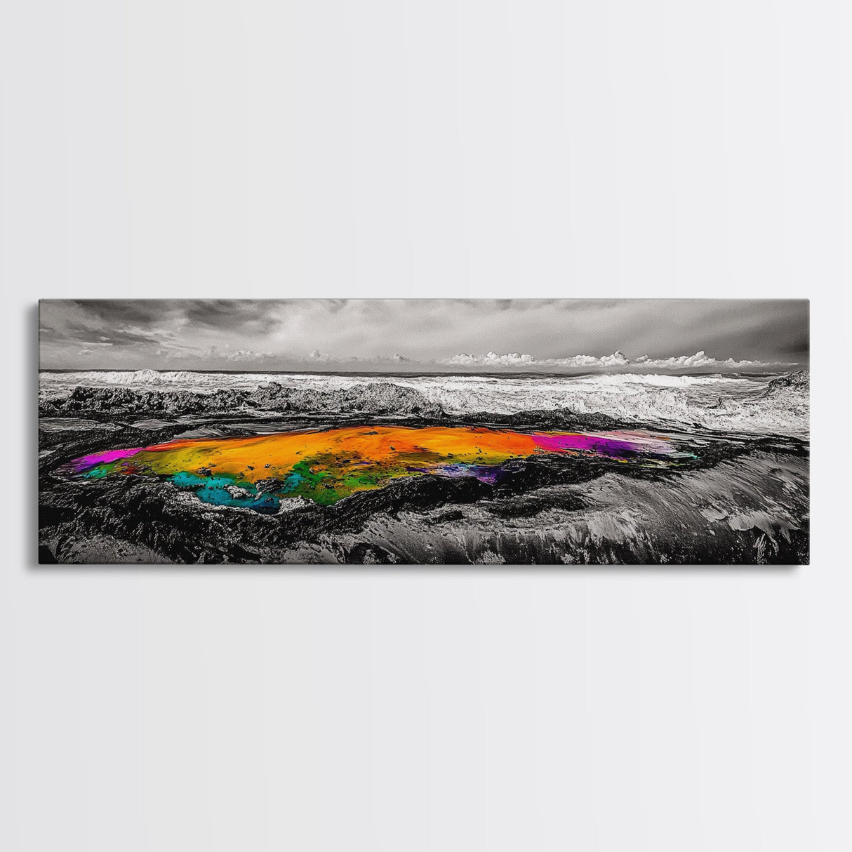 Vibrant Ocean Rock, Colorful Pool, Dramatic Sky, Canvas Print, Abstract Seascape, Modern Wall Art, Unique Art Piece, Living Room Decor