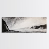 Misty Ocean, Coastal Hills, Foggy Landscape, Framed Canvas Print, Black and White Art, Monochrome Painting, Nature Wall Art, Office Decor