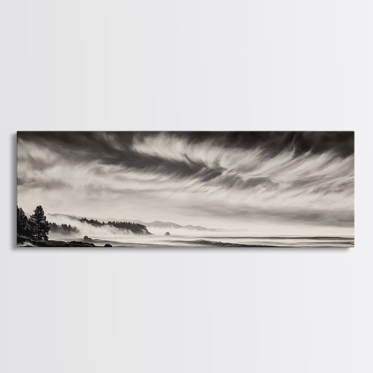 Ocean Waves, Stormy Sky, Dramatic Clouds, Canvas Print, Black and White Landscape, Coastal Wall Art, Living Room Decor, Minimalist Painting