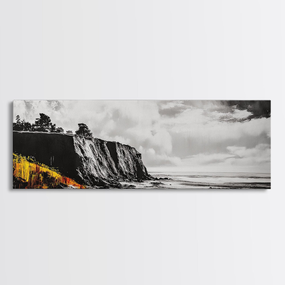 Coastal Cliff Painting, Black and White Seascape, Ocean View Artwork, Modern Nautical Decor, Beach House Wall Art, Framed Canvas Print