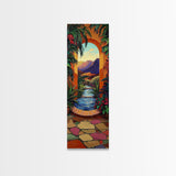 Tropical Archway, Retreat Painting, Framed Canvas Print, vibrant Mediterranean garden, doorway wall art, boho home décor, living room