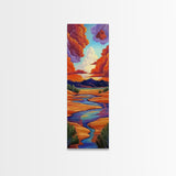 Desert River, Sky Painting, Framed Canvas Print, warm southwestern stream view landscape, bold clouds, boho decor, office wall art