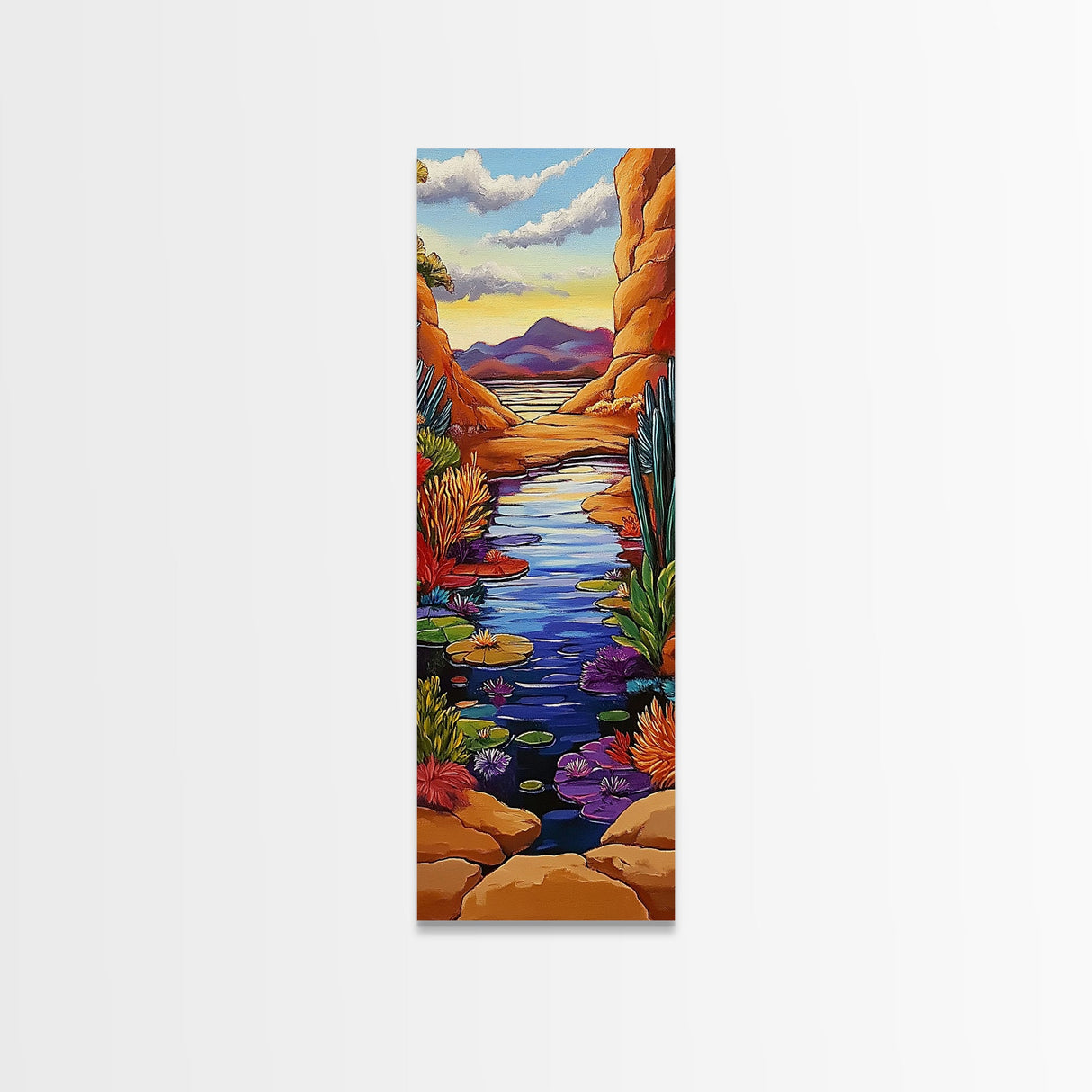 Pond Lilies, Canyon Scene, Framed Canvas Print, colorful lily pond canyon art, desert blooms, bold nature painting, dining room wall art