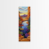 Pond Lilies, Canyon Scene, Framed Canvas Print, colorful lily pond canyon art, desert blooms, bold nature painting, dining room wall art